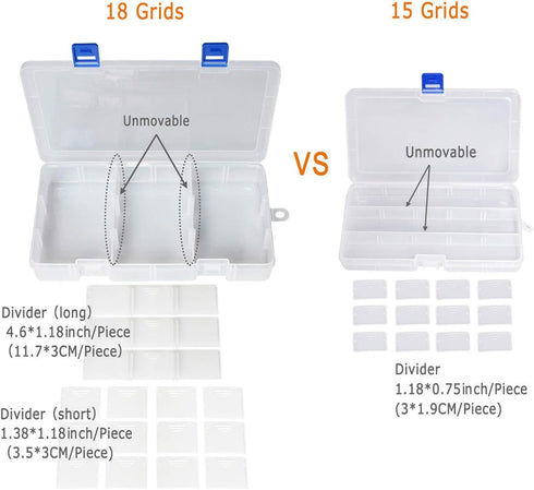 Qualsen 2 Pack 18 Grid Plastic Organizer Box with Adjustable Dividers, Bead Organizer Box for Jewelry, Beads, Earrings, Tools, Fishing Hooks, and ...