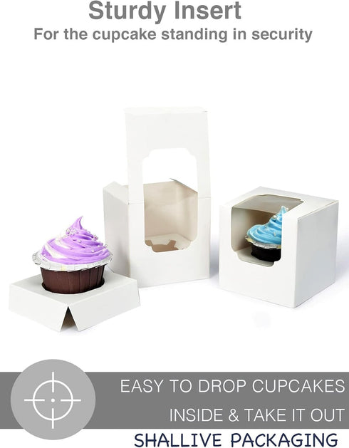 White Cupcake Boxes Individual 15 Count Pre-Assembled with Window and Inserts, Individual Cupcake Containers Auto-Popup for Wedding Baby Shower Mo...