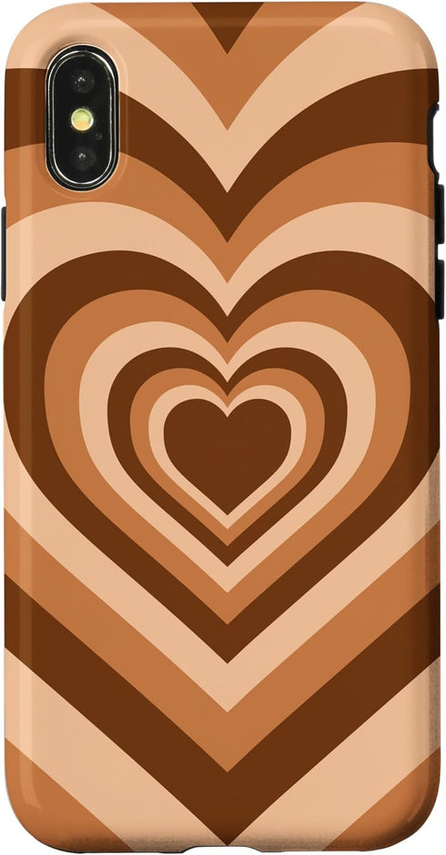 iPhone X/XS Love Heart Groovy Y2K Coffee Latte Brown Cute Pattern Phone Case...