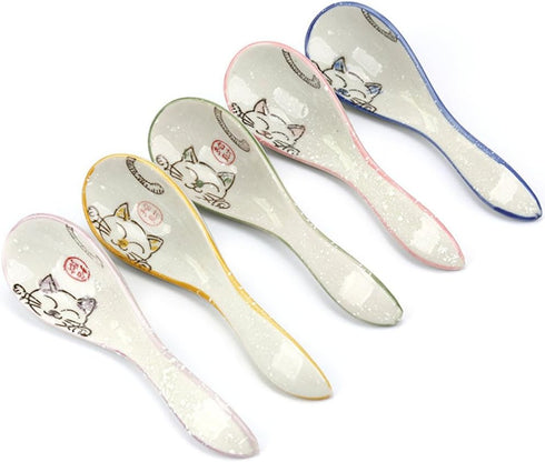 5pcs Ceramics Japanese Fortune Cat Lucky Cat Hand Painted Soup Spoons...