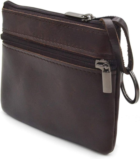 Women Genuine Leather Coin Pouch Zip Mini Purse Wallet Key Chain 3 Zipper...