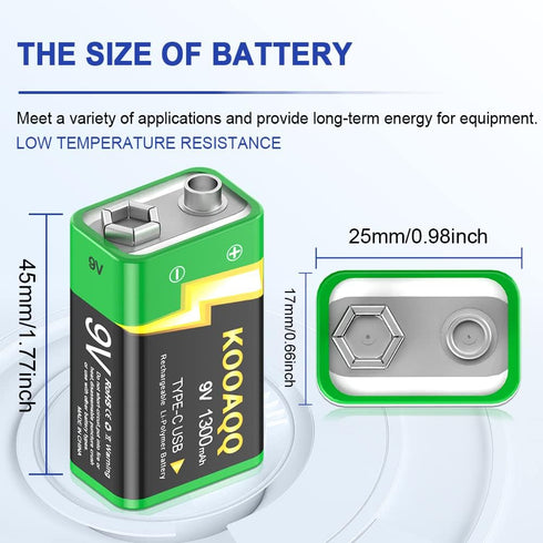 9V Lithium Battery, High Capacity 1300mAh,with 2 in 1 USB Charging Cable, (2024 New Version)Rechargeable 9 Volt Square Batteries for Smoke Detecto...