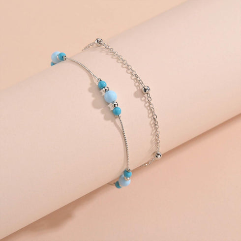 Bohemian Layered Blue Bead Anklet for Women Round Bead Ankle Bracelets Vintage Station Ball Anklets Silver Ball Anklets Chain Bracelet Summer Beac...