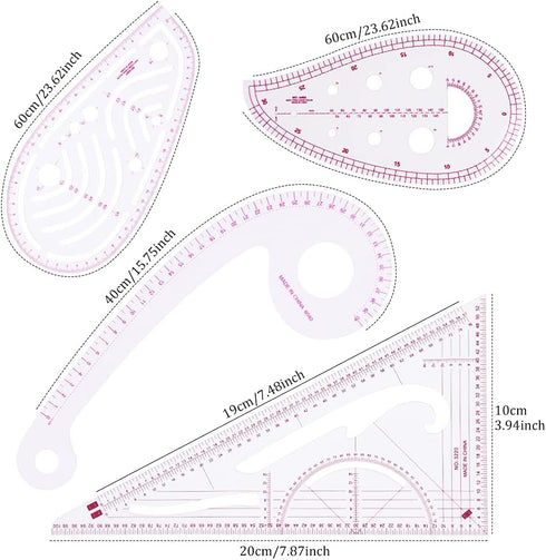 Sewing Ruler 4 Styles Clothing Patterning Ruler Sewing French Curve Ruler Metric Shaped Plastic Sewing Tools Include Fabric Chalk Sewing Clips Per...