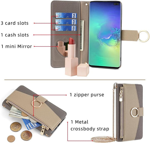 Asuwish Phone Case for Samsung Galaxy S10 Plus Wallet Cover with Screen Protector and Mirror Flip Cover Ring Card Holder Crossbody Strap Stand Cel...