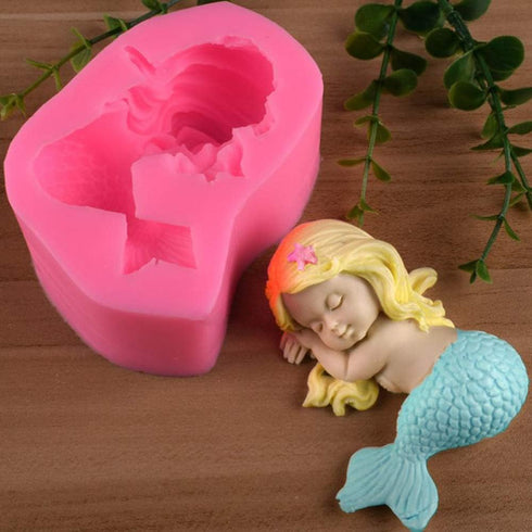 OBTANIM Silicone Mermaid Fondant Mold Cute 3D Sleeping Baby Girl Mould Cake Topper DIY Decoration Baking Tool for Sugarcraft, Chocolate, Candle, S...