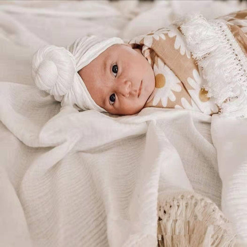 Cotton Muslin Baby Blanket with Tassel?Large 47" x 47" Baby Receiving Blanket with Fringe, Boho Muslin Swaddle Blanket with Fringe, Nursery Decor ...
