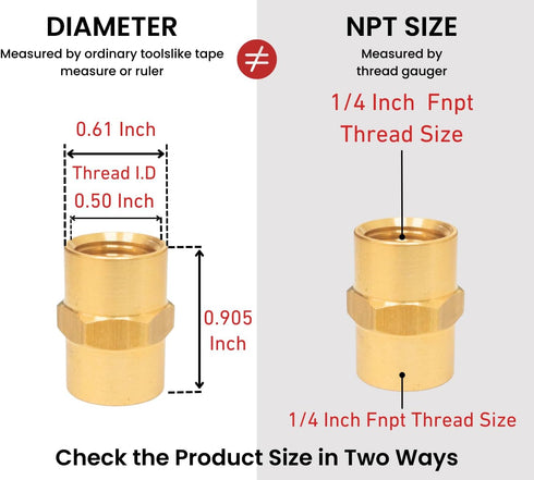 Brass Coupling 1/4" NPT Female x 1/4" NPT Female Hex Head Pipe Fitting (Pack of 2) - Compressor connector 1/4 Inch fnpt to 1/4 Inch fnpt, Air Hose...