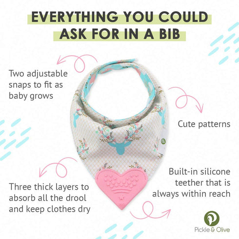 Reversible Baby Teething Bibs - Attached Pink Heart Teether - Boho Antler - Set of 2...