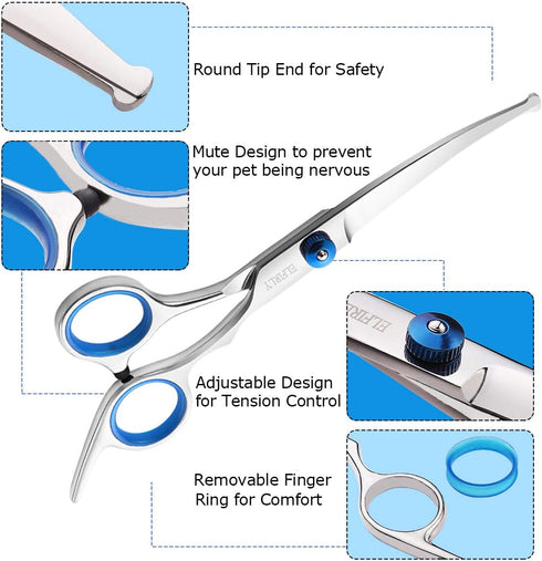 Dog Grooming Scissors Set with Safety Round Tip (2 Pack - Curved Scissors Thinning Shears for Grooming) Pet Grooming Shears with Grooming Comb for...