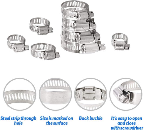 Glarks 100Pcs Adjustable 8-44mm Range 304 Stainless Steel Worm Gear Hose Clamps Assortment Kit, Fuel Line Clamp for Water Pipe, Plumbing, Automoti...