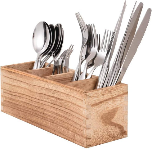 WuGeShop Wood Cutlery Caddy, Kitchen Utensil Organizer with 4 Compartments, Silverware Storage Kitchen Countertop Flatware Organizer...