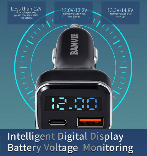 BANVIE USB C Car Charger with LED Voltage Display, 30W 2-Port Fast Charging Adapter with PD3.0&QC3.0 Compatible with iPhone 12 Pro Max/11 Pro Max/...