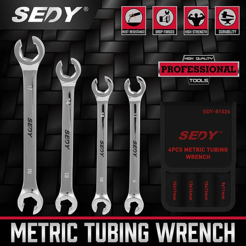 SEDY 4-Piece Flare Nut Wrench Set, Offset End Spanner Metric 9 10 11 12 13 14 15 17mm, CR-V Steel Storage Pouch Repair and Remove Nuts on Fuel Tub...