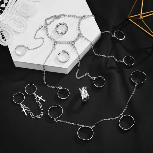 IFKM Vintage Silver Chain Finger Rings Bracelet, Gothic Punk Emo Cross Cool Simple Rings, Adjustable Statement Stackable Rings For Boy Wen Women...
