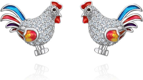 EVER FAITH Women's 925 Sterling Silver CZ Multicolor Enamel Rooster Animal Pierced Stud Earrings Clear...