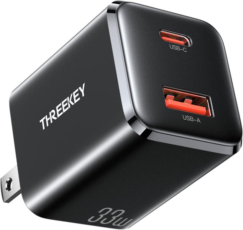 THREEKEY 33W Dual USB C Charger, Fast Charging Power Adapter Compatible with iPhone 12-16, iPad Pro, MacBook, Samsung S23/S22/Note 20/10/9/8 (Blac...