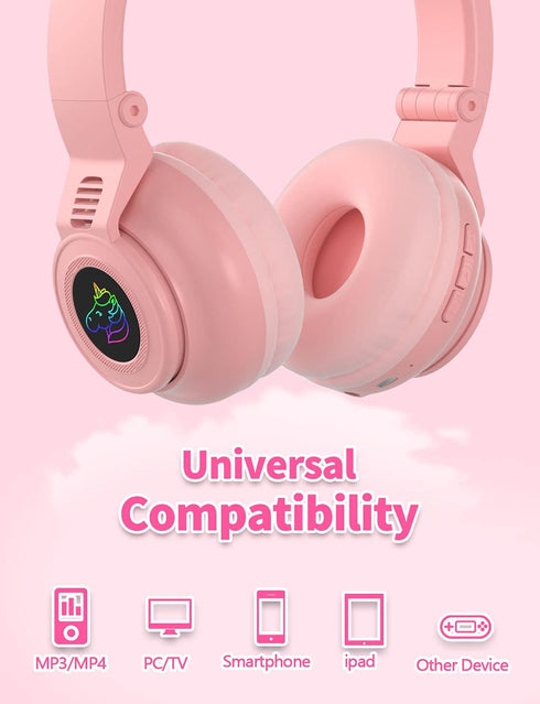 Unicorn Kids Headphones for girls,Unicorn Bluetooth headphones Foldable for Girls Toddlers Tablet/phones/amazon fire,Light Up kids wireless headph...