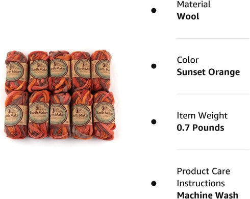 Earth Maker 10 Pack (Skeins) 100% Wool Slub Super Bulky Yarn Each Skein 1 oz (30g) 16 Yards, Sunset Orange......