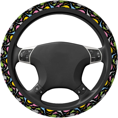 Swono Car Steering Wheel Covers Dinosaurs Cartoon Colorful Cartoon Funny Beast Dinosaur Black Universal for Women Girls Soft Neoprene Anti-Slip Ca...