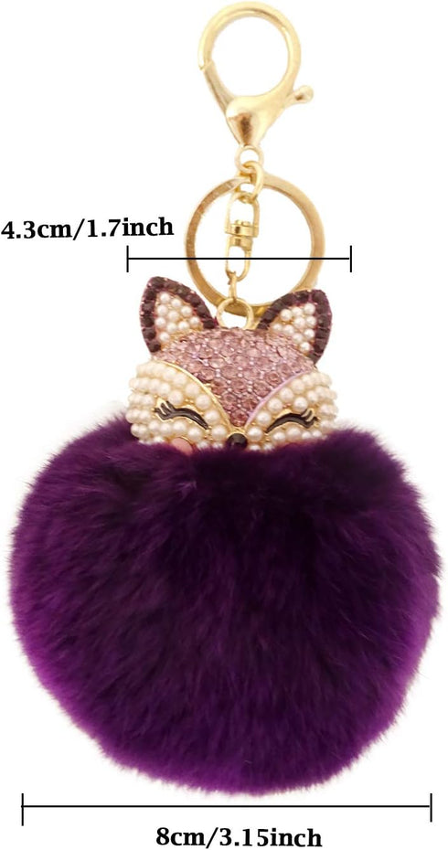 Honbay Faux Rabbit Fur Fluffy Keychain Fashion Fox Head Alloy Keychain Sparkly Rhinestone Handbag Backpack Car Keychain...