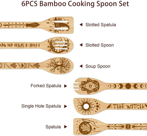 GLOBLELAND 6Pcs Magic Divination Bamboo Cooking Utensils Wooden Engraved Cooking Spoons Set Carving Kitchen Bamboo Spatula Set Wood Cooking Spoon ...