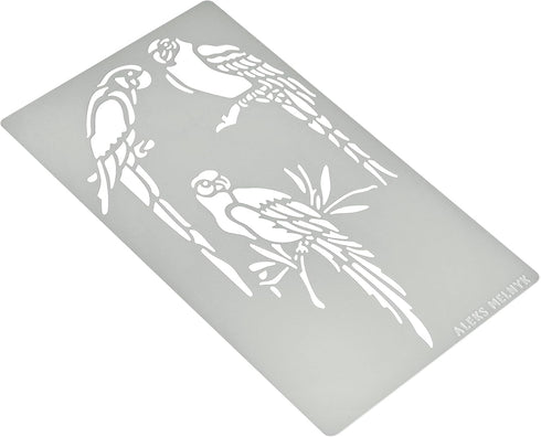 Aleks Melnyk No.472 Metal Stencil, Bird on Tree Branch, Parrots, Wild Animal, Small Stencil, 1 PC, Template for Wood Burning, Engraving, Crafting,...