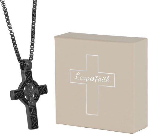 Cross Pendant for Car Rear View Mirror Decor Prayer Hanging Ornament Stainless Steel Celtic Knot Cross Necklace Men Boys Christian Gift (Black)...