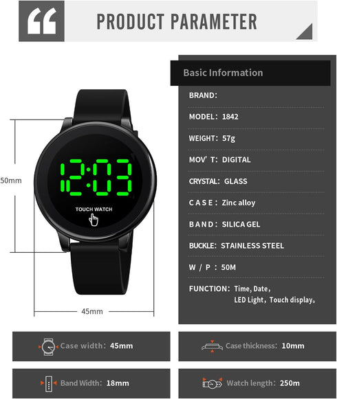 Sport Watch, Fashion Touch LED Digital Watch Outdoor 50M Waterproof Rubber Bands Wristwatch for Men Women Teens Students (Black-LED touch)...
