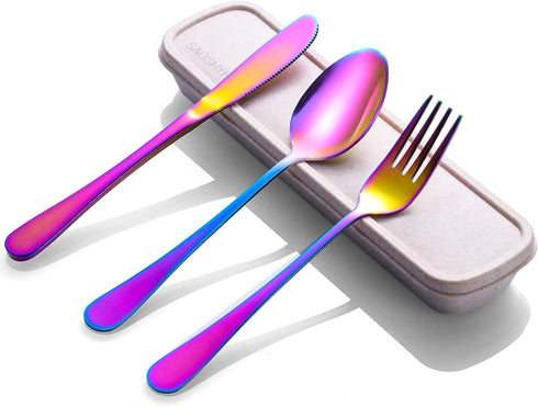 Portable Utensils Set with Case, 4pcs Stainless Steel Reusable Silverware for Lunch Camping School Picnic Workplace Travel, Lunch Box Includ Fork ...