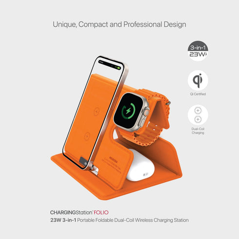 Folio 23W 3-in-1 Portable Foldable Wireless Charging Station for iPhone/Apple Watch/AirPods/Samsung (Orange)...