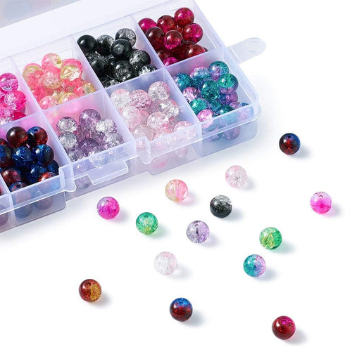 KISSITTY 8mm Crackle Glass Crystal Beads 10 Colors Two Tone Transparent Crackle Glass Loose Round Beads for DIY Jewelry Pen Sun Catchers Making Ab...