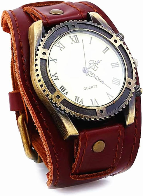 Vintage Retro Punk Men Wrist Watch Bronze Big Face Dial Wide Genuine Leather Band Cuff Quartz Watches...