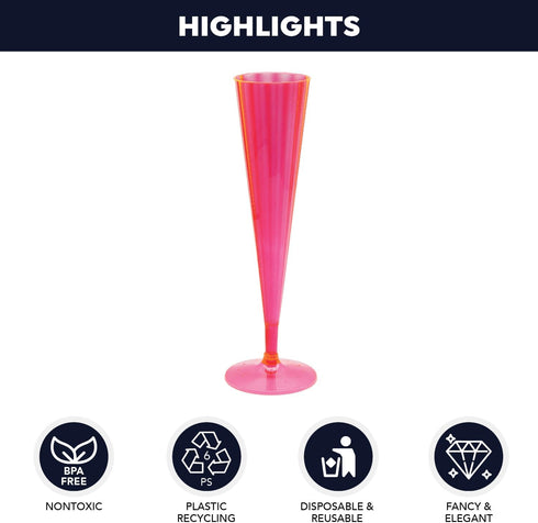 Party Essentials 20 Count Hard Plastic Twopiece 5 oz Champagne Flutes, Neon Pink...
