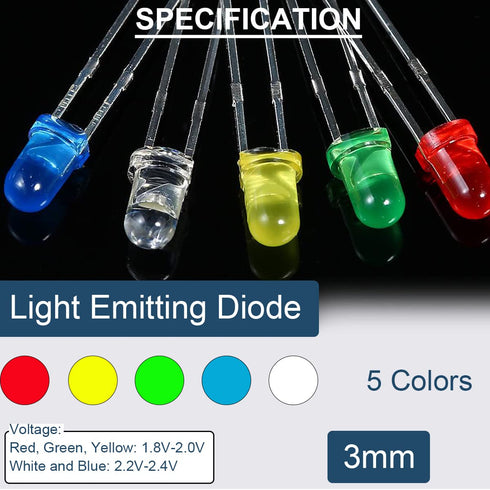 250PCS LED Diode 3mm LED Light Emitting Diode 2pin RoundIn-line LED Bead Assembly Mix Color (Red, Yellow, Blue, Green and White 5 Colors)...