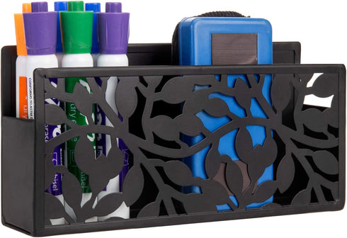 MyGift Black Metal Magnetic Dry Erase Marker Holder for Whiteboard Markers and Accessories Storage Basket Organizer with Floral Cutout Design...