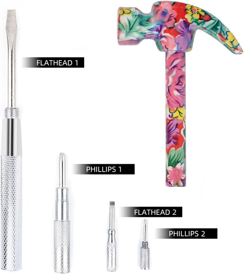YOUMI 6 in 1 Multifunctional Floral Hammer & Screwdriver Tool Set Claw Hammer with Slotted/Flat Head Phillips Screwdriver Nail Puller Best Christm...