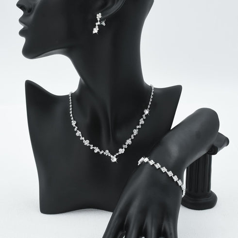 Wedding Jewelry Set for Women, Set of 3 Rhinestone Bridal Necklace Dangle Earrings Bracelet Set, White Silver Plated Bridal Jewelry Set, Wedding P...