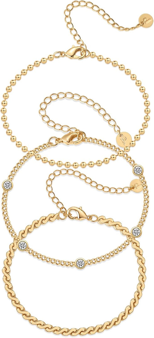 PAVOI 18K Gold Plated Chain Bracelet Pack for Women | Jewelry Set of 5 Stackable Bracelets Paperclip Snake Rope Figaro Beaded Chains...