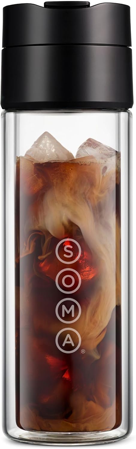 SOMA Double Wall Glass Tea and Coffee Cold Brew Bottle, Black, 12oz (SM18501K)...