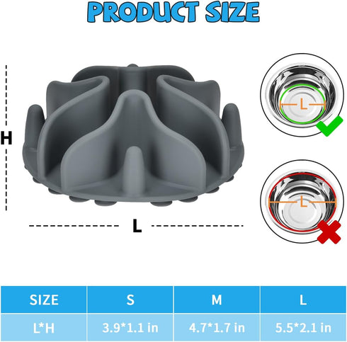 Slow Feeder Dog Bowls Insert, Silicone Dog Slow Feeder Bowl with Strong Suction Cups Perfect For Stainless Steel Glass Ceramic Dog Bowls (Grey, Me...