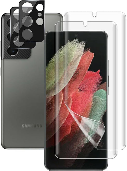(2+2) For Samsung Galaxy S21 Ultra 5G (2 Pack) Screen Protector (Not Glass), Flexible Soft TPU Film and (2 Pack) Camera Lens Protector, Fingerprin...