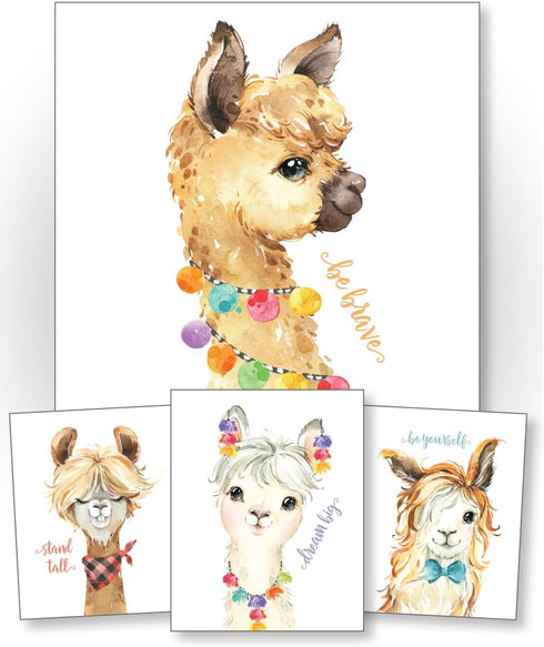 Confetti Fox Llama Nursery Wall Art Decor - 8x10 Unframed Set of 4 Prints - Kids Cute Alpaca Baby Animal Pictures Quotes - Dream Big Stand Tall Be...