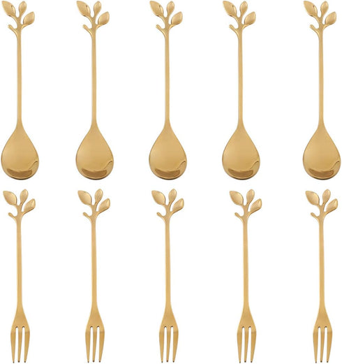 AnSaw 10-Pc Gold Mini Spoons & Forks Set, 4.7" - Stainless Steel, Leaf Handle, Ideal for Coffee,Tea, Appetizers, Tastings, Parties, Charcuterie & ...