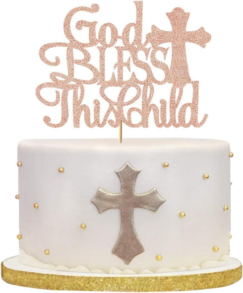 God Bless this Children Cake Topper, Rose Gold Glitter Baptism Cake Toppers for Girl Boy Christening, First Communion Baby Shower - Handmade (6.7'...