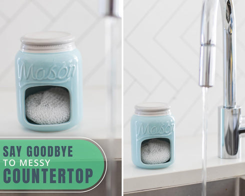 Comfify Ceramic Kitchen Sponge Holder - Farmhouse Style Sink Caddy - Mason Jar Decorative Kitchen Accessory - Country Rustic Sink Decor - Includes...