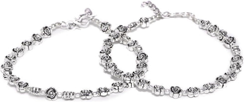 PRITA Ethnic Festive and Casual Wear Flower Design German Oxidized Silver Anklets/Ankle Bracelets for Women (Set of 2)...