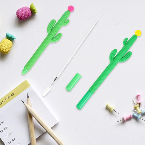 Outus 24 Pieces Cactus Pens Cactus Shaped Roller Pens Kids Green Cactus Pens Saguaro Shaped Pen Black Gel Ink with Flower for Classroom Office Sch...