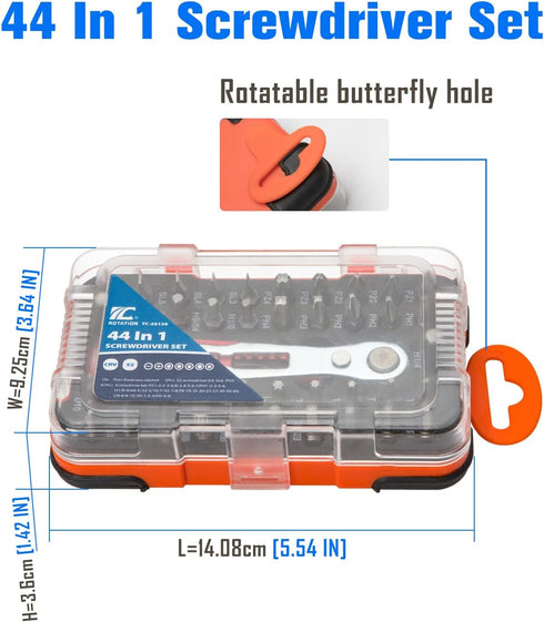 ROTATION 44pc Bit Set with 1/4 Mini Ratchet Offset Screwdriver, Portable Case, CR-V Steel, Drive Handle & Multi Hex/Phillips/Slotted/Torx/Star Bit...