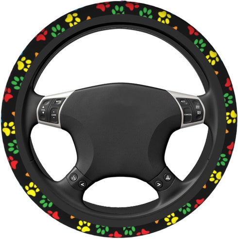 Paw Print Steering Wheel Cover Anti-Slip and Practical 14.5-15 Inch Universal Car Steering Wheel Cover with 2 Pieces Car Coasters Suitable for Men...